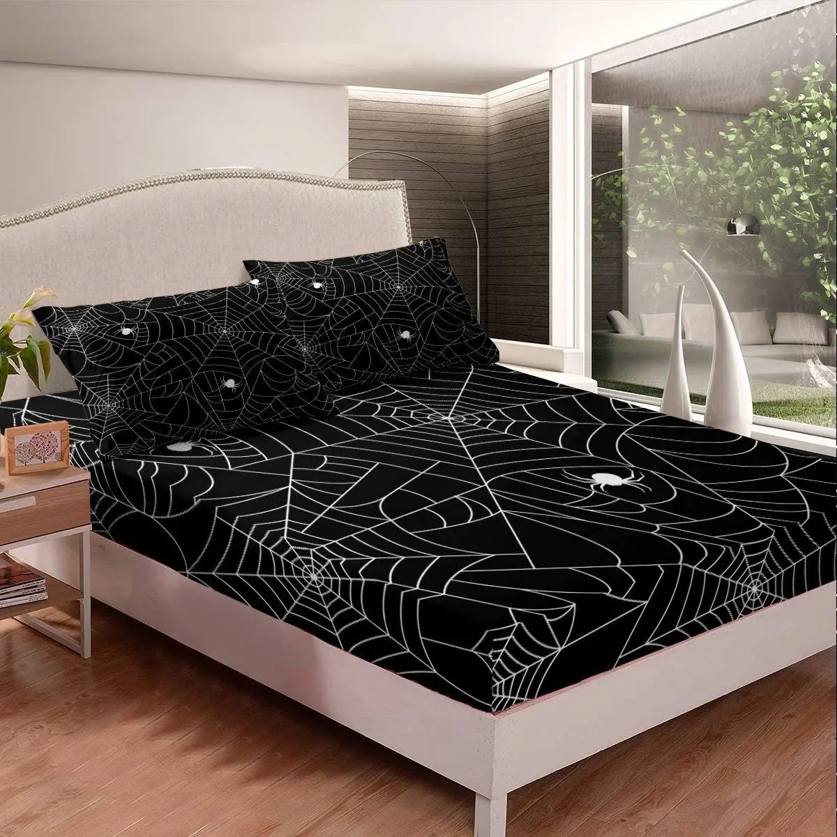 Halloween Themed Bed Sheet Set Decorative Boy Spider Web Printed Bedding Set for Kids Children Scary Spider Pattern Fitted Sheet