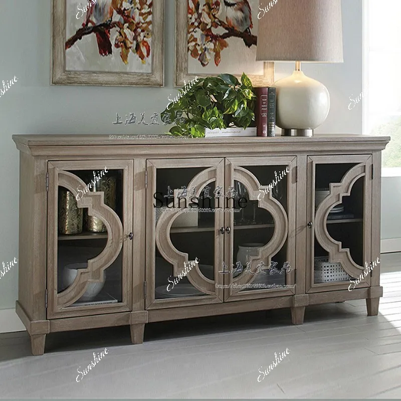 American solid wood double door glass wine cabinet retro wall simple bookcase  FT