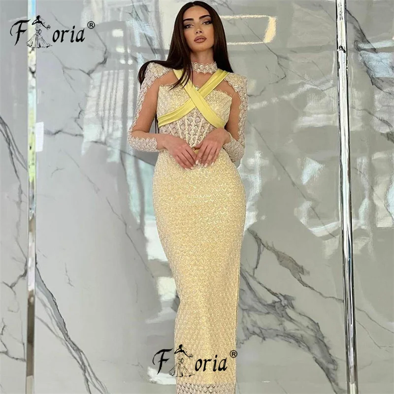 

Sparkly Beads Sequin Yellow Long Sleeve Formal Occasion Dress Dubai Slit Mermaid Evening Party Gown Plus Size robe de soirée