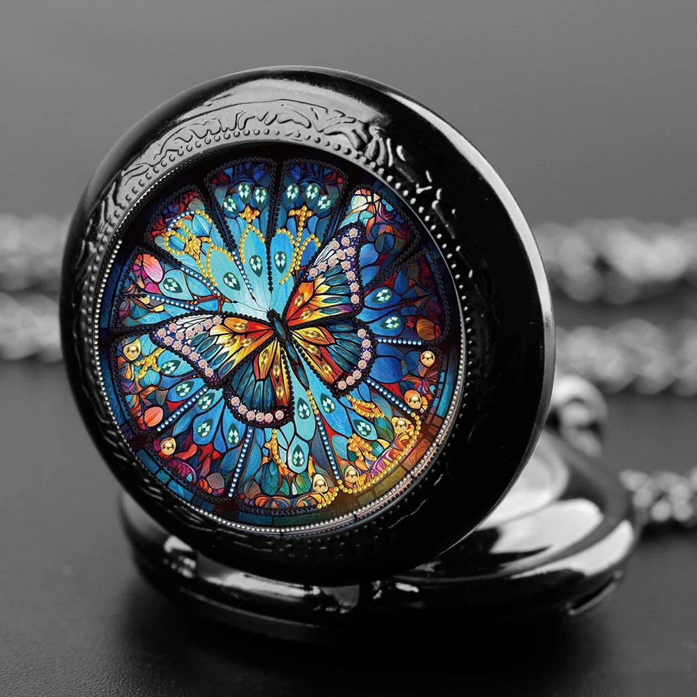 Reloj de bolsillo de cuarzo redondo con parche de vidrio creativo de mariposa de perlas, reloj de bolsillo de cuarzo de moda para hombres con cadena, cumpleaños único Gi