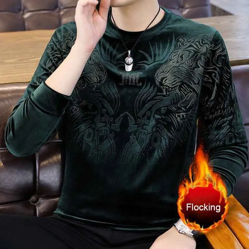 Gold velvet jacquard hot drill crew neck sweatshirt men's winter velvet thickened long sleeve undershirt T-shirt