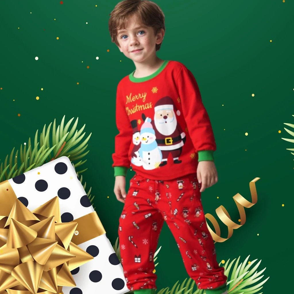 New Four Seasons Children's Homewear Set Red Cartoon printing Long sleeved Pants Set christmas Boys Pajamas Girls Nightwear