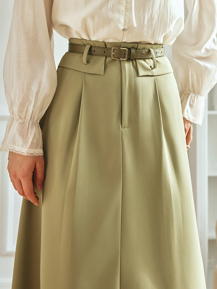Olrain escritório senhoras a linha saias para mulher 2025 moda elegante cinto de couro verde verão saia roupas femininas o23xb68219