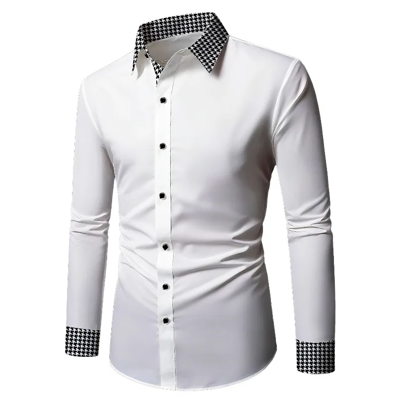 FGKKS Men Patchwork Shirt Fashion Brand New Dress White Long Sleeve Smart Casual Four Season Man Micro Elastic Shirts