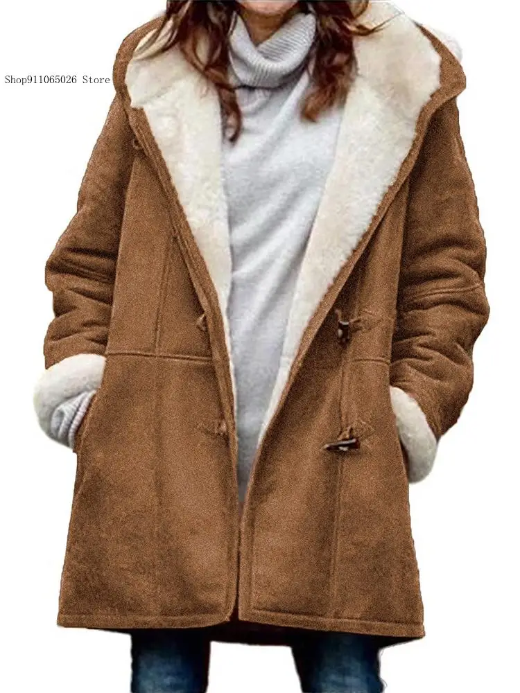 Women\'s Autumn and Winter Long-Sleeved Casual Hooded Jacket Warm Loose Fleece-Lined Fashion