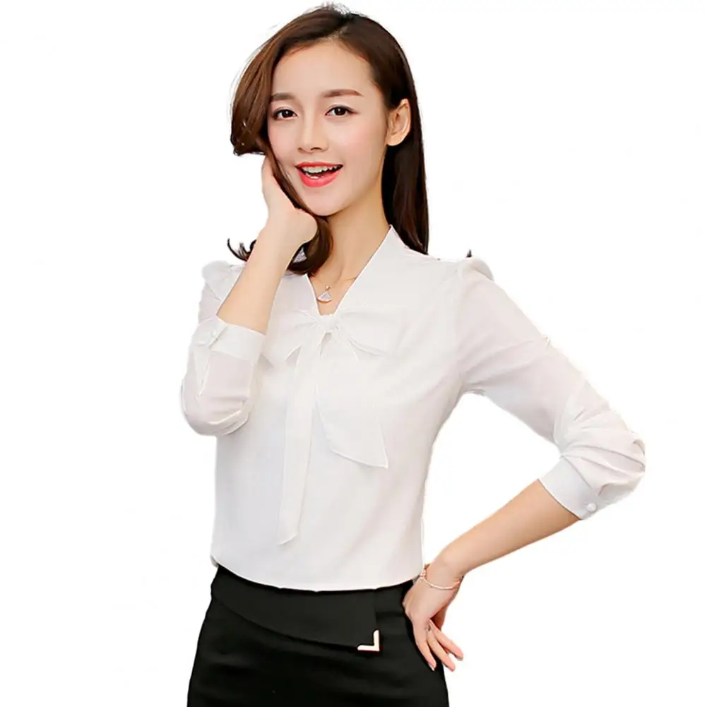 Spring Autumn Shirt Tops Women Shirt Tops Chic Lace-up Collar Chiffon Blouse Stylish Spring/summer Women's Workwear with Bowknot