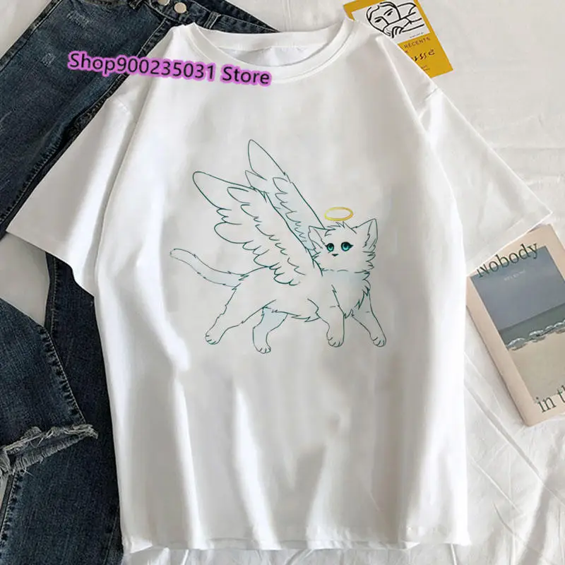 Cute Angel Cat magliette donna magliette estetiche stampate girocollo T-shirt stile coreano per abbigliamento Vintage Harajuku da donna