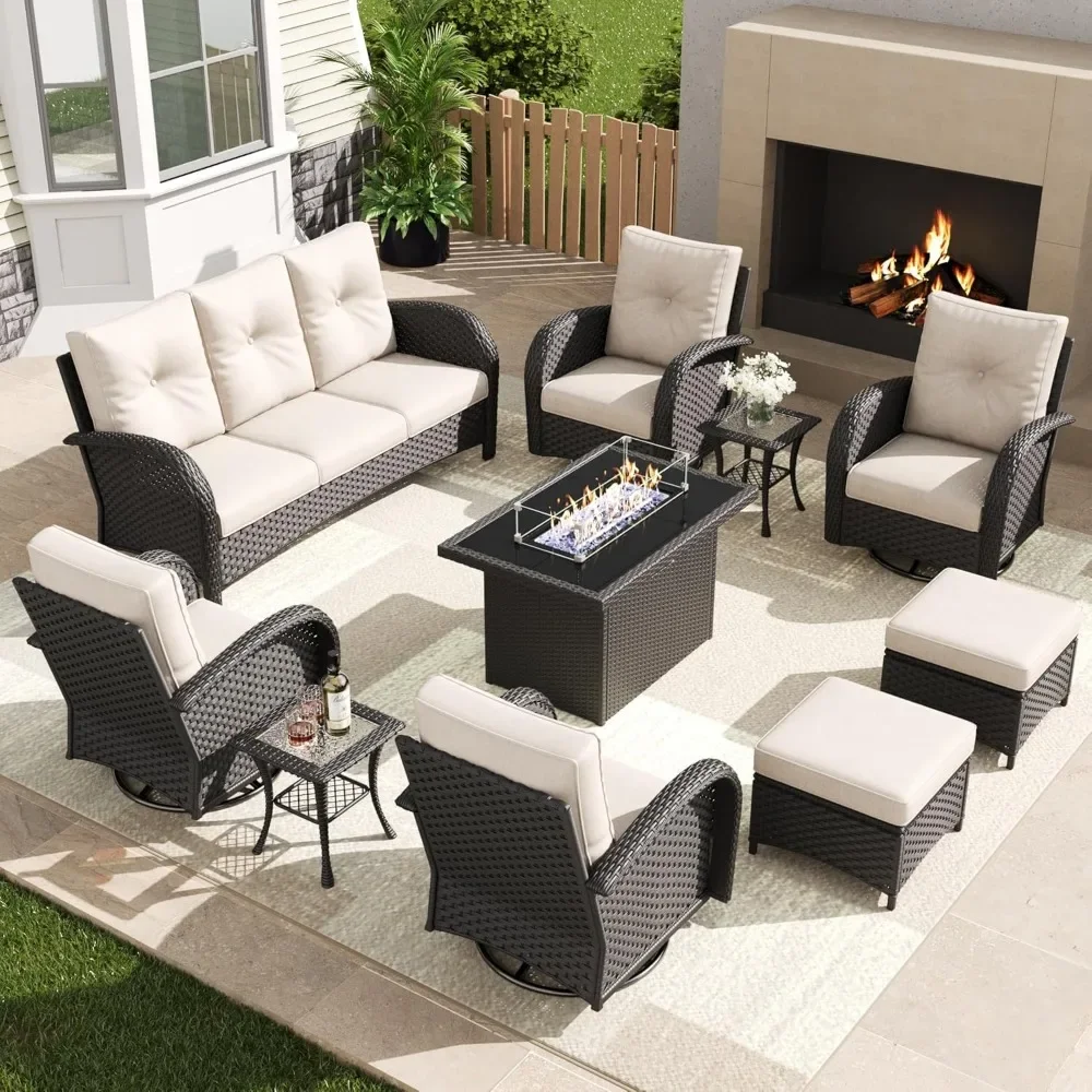 

Outdoor Patio Furniture Sets with Fire Pit Table 10 Pieces Wicker Swivel Rocker Chairs and Sofa Setss, Garden Furniture Sets