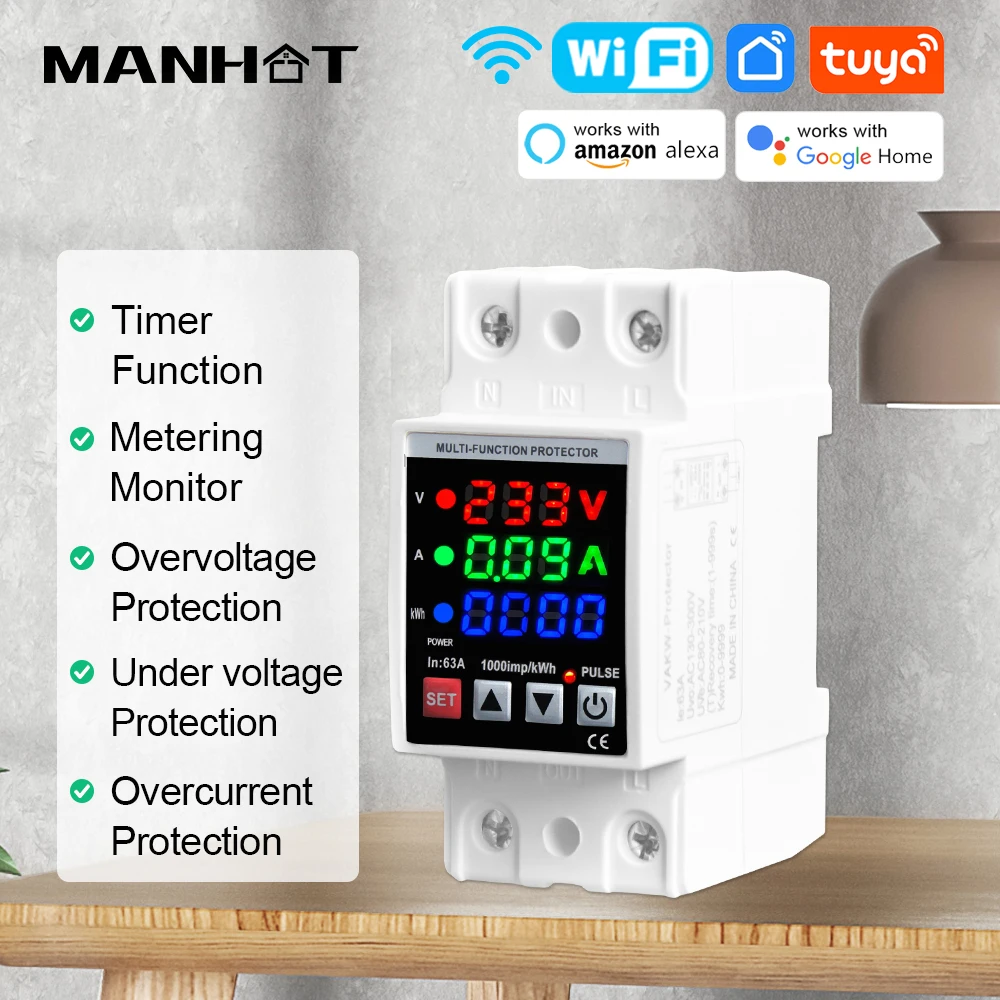 

Tuya WiFi 63A Circuit Breaker Din Rail 3in1 Display Over Voltage Current and Under Voltage Protect Relay For Alexa Google Home