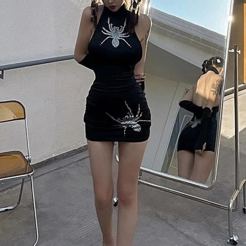 

Q22D женское готическое сексуальное мини-платье без рукавов с лямкой на шее и открытой спиной, облегающее мини-платье с узором