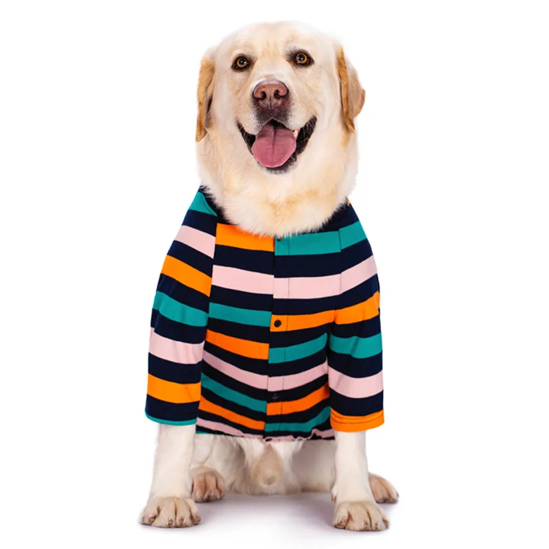 

Pet Clothes Spring and Summer Golden Retriever Labrador Medium and Large Dog Striped Buckle Two-legged Coat Dog Costume