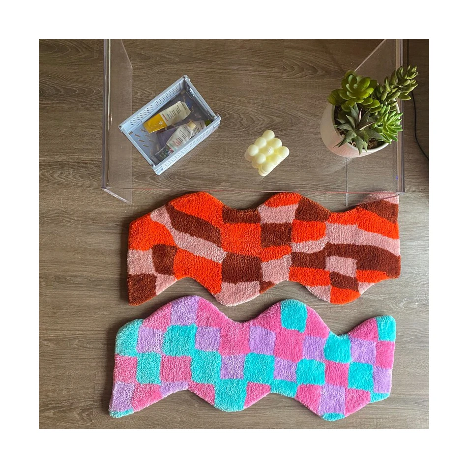 

Custom 3D Cut Out Irregular Shape Carpets Handmade Wavy Shape Checked Pattern Tufted Rug for Room