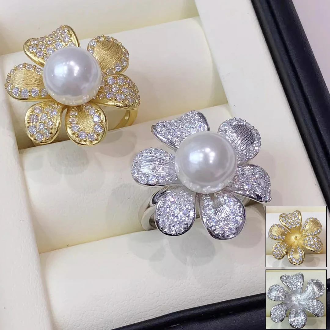 MeiBaPJ 9-10mm Natural Round White Pearls Fashion Flower Ring DIY 925 Silver Holder Setting Fine Wedding Jewelry for Women