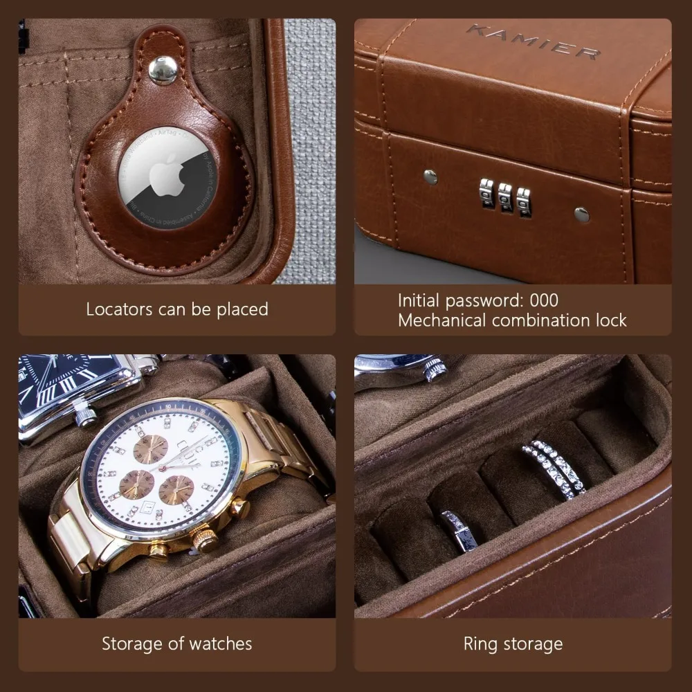 4-Slot Watch Travel Case with Combination Lock, PU Leather Jewelry Organizer for Men, Gift Box Included, Brown