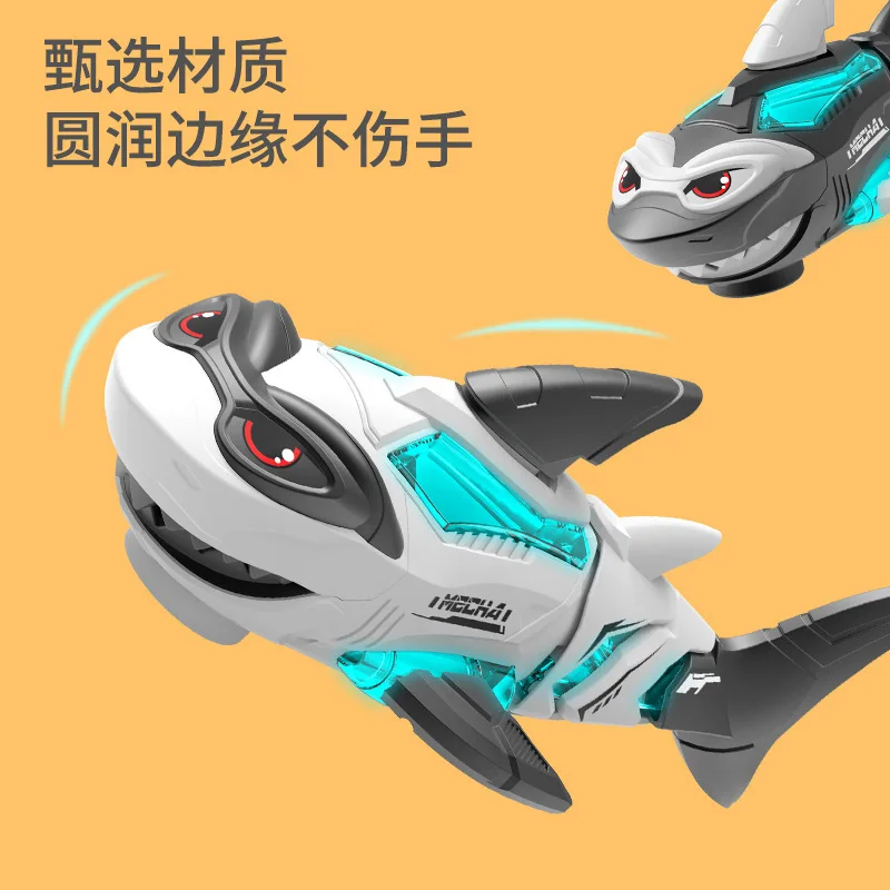 New electric toys universal walking mechanical shark luminous tape music spray simulation toys for boys and girls.