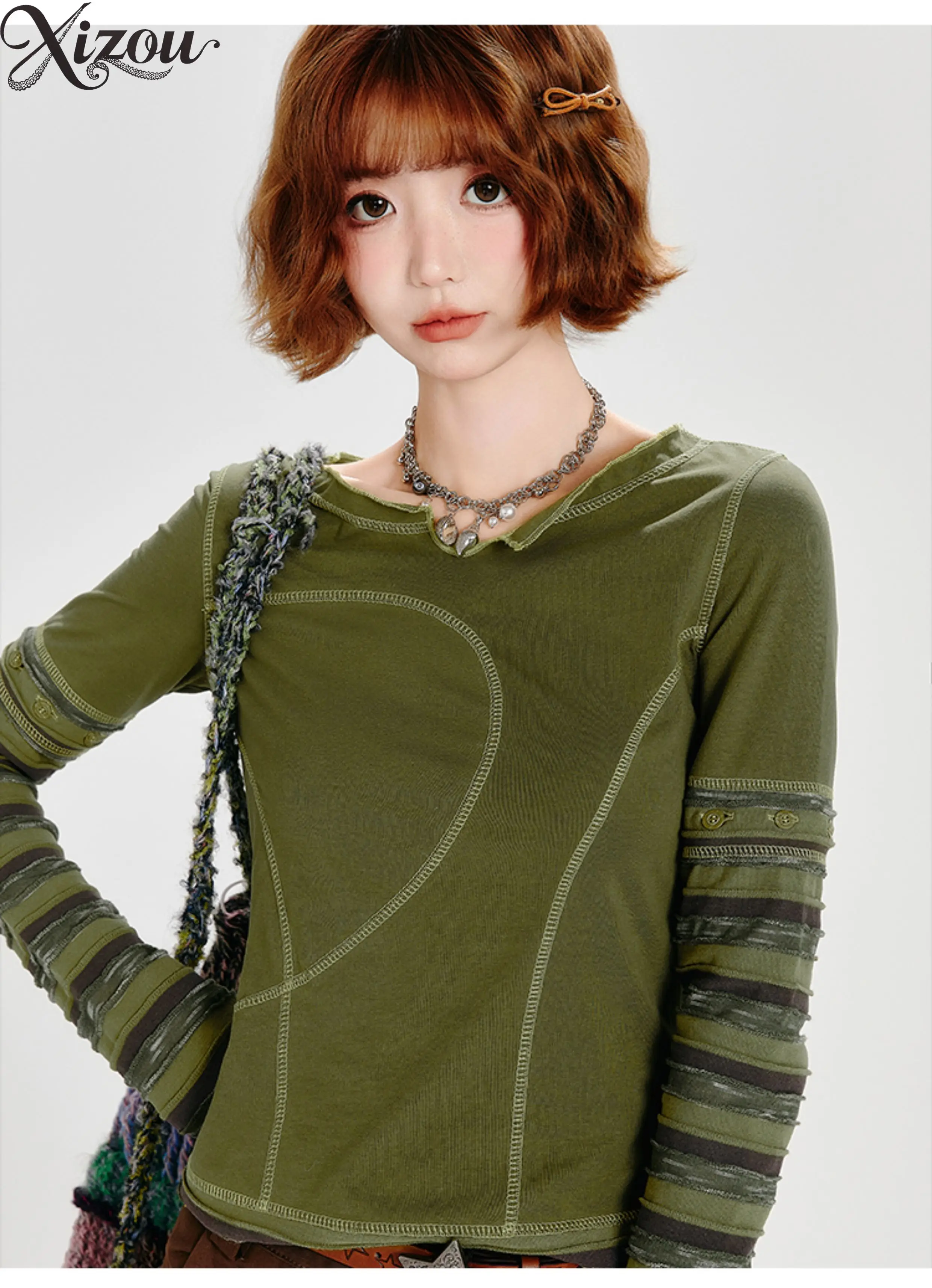 T-Shirts Women American Spicy Girl Korean Street Waste Soil Striped Sleeve Two-Way Slim Fit Green Tees Short Top Spring Autumn