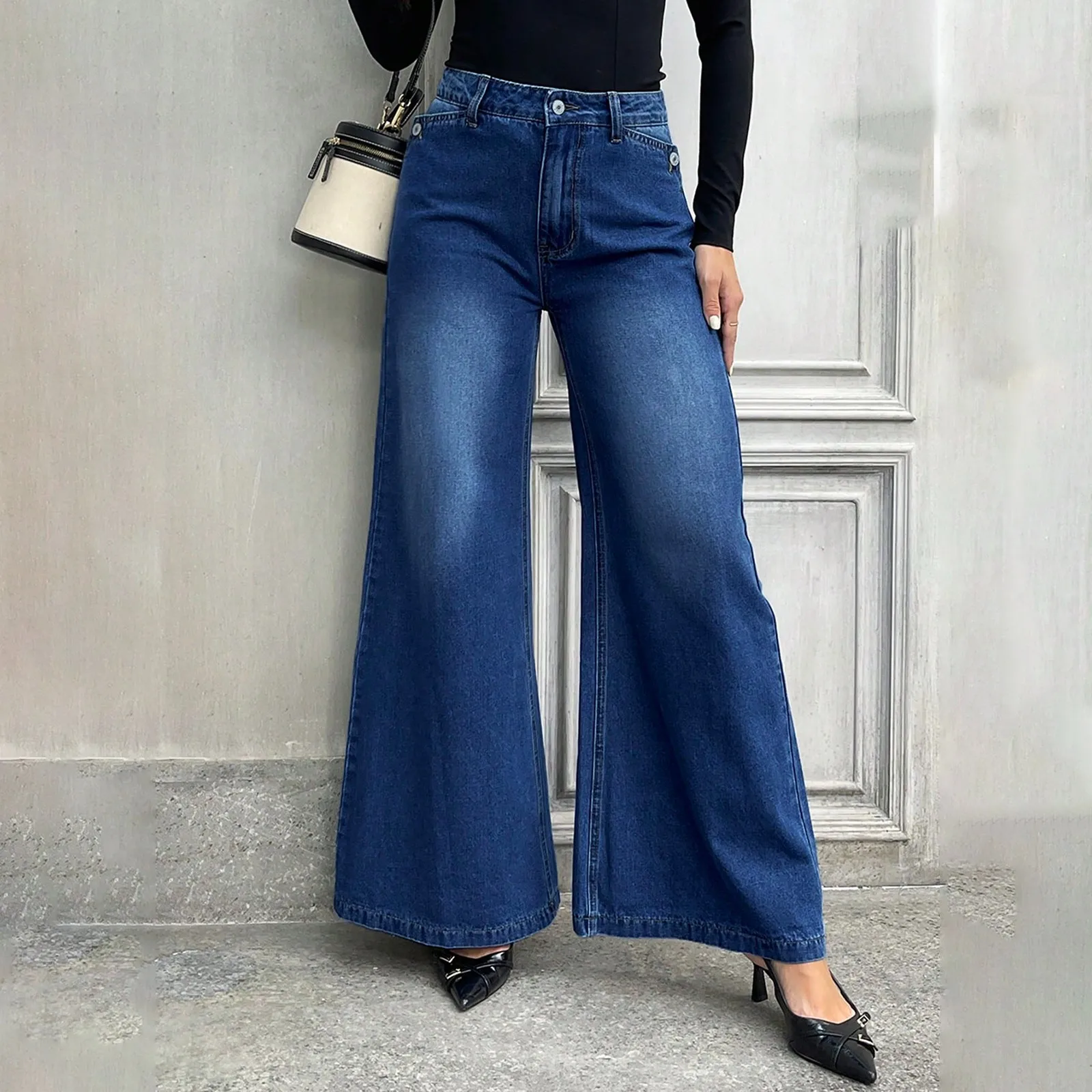 

Women's New Large Size Denim Wide-Legged Trousers American High-Waisted Thin Straight Loose Casual Trousers Casual Jeans