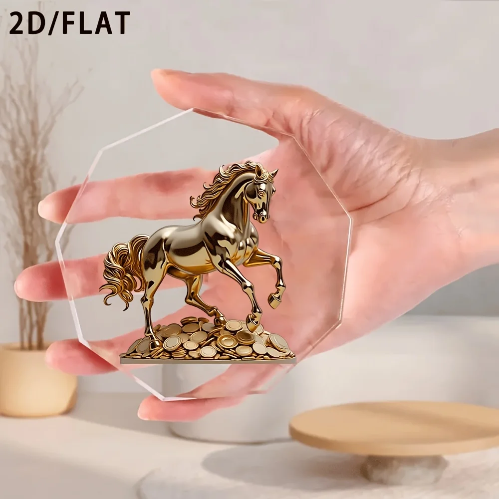 2D flat, acrylic tabletop decoration - Golden Horse statue standing on a coin pile, Father's Day, Mother's Day, holiday gifts