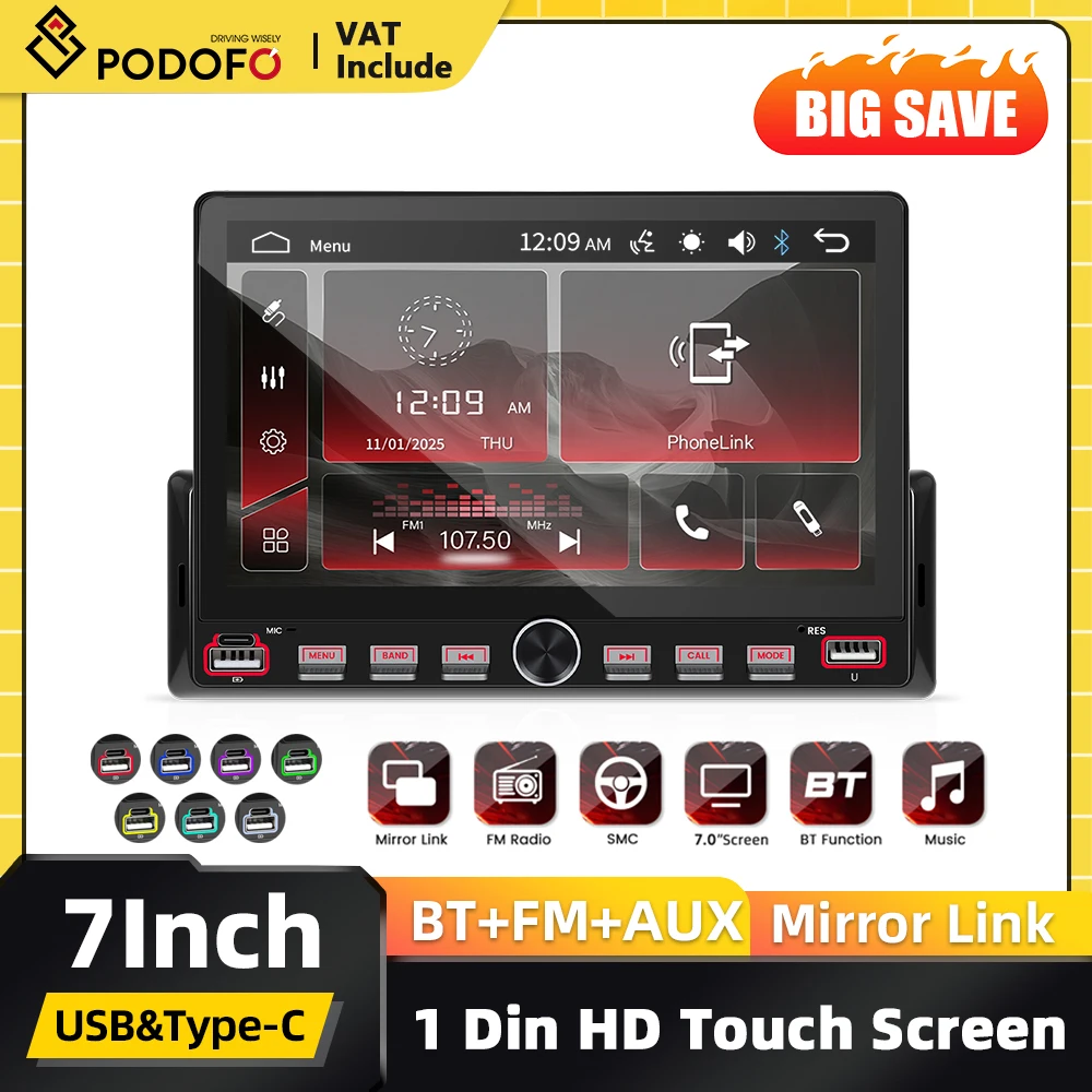 Podofo 1Din Autoradio mit Kabelgebundener Mirror-Link-Funktion, FM, BT, USB, Farbiger Hintergrundbeleuchtung, EQ-Soundeffekten, Video-Sharing-Funktion, Multifunktionales Stereosystem für