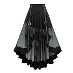 Gothic Grommets Stripe Sheer Mesh Ruffles High Low Skirt Black Punk Costumes Women Asymmetric Skirt