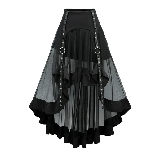 Imagen 1 del producto Falda gótica con ojales a rayas de malla transparente con volantes, falda alta y baja, disfraces Punk negros, falda asimétrica para mujer