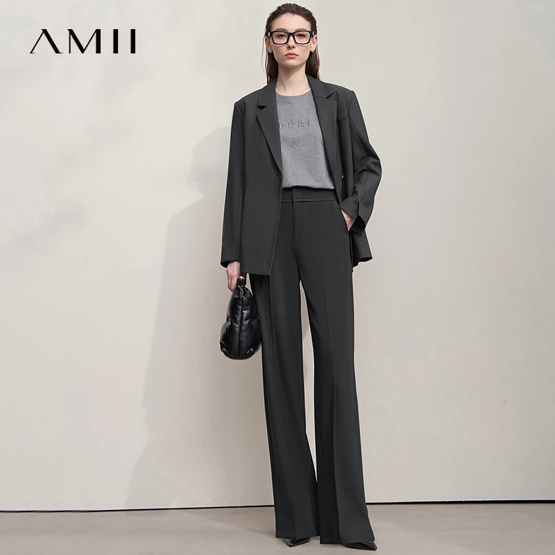 AMII Minimalistische Damen-Freizeithose 2025, Herbst, Pendeln, Business, luxuriöse schwarze Hose, leichte Stretch-Hose mit weitem Bein, 12553010