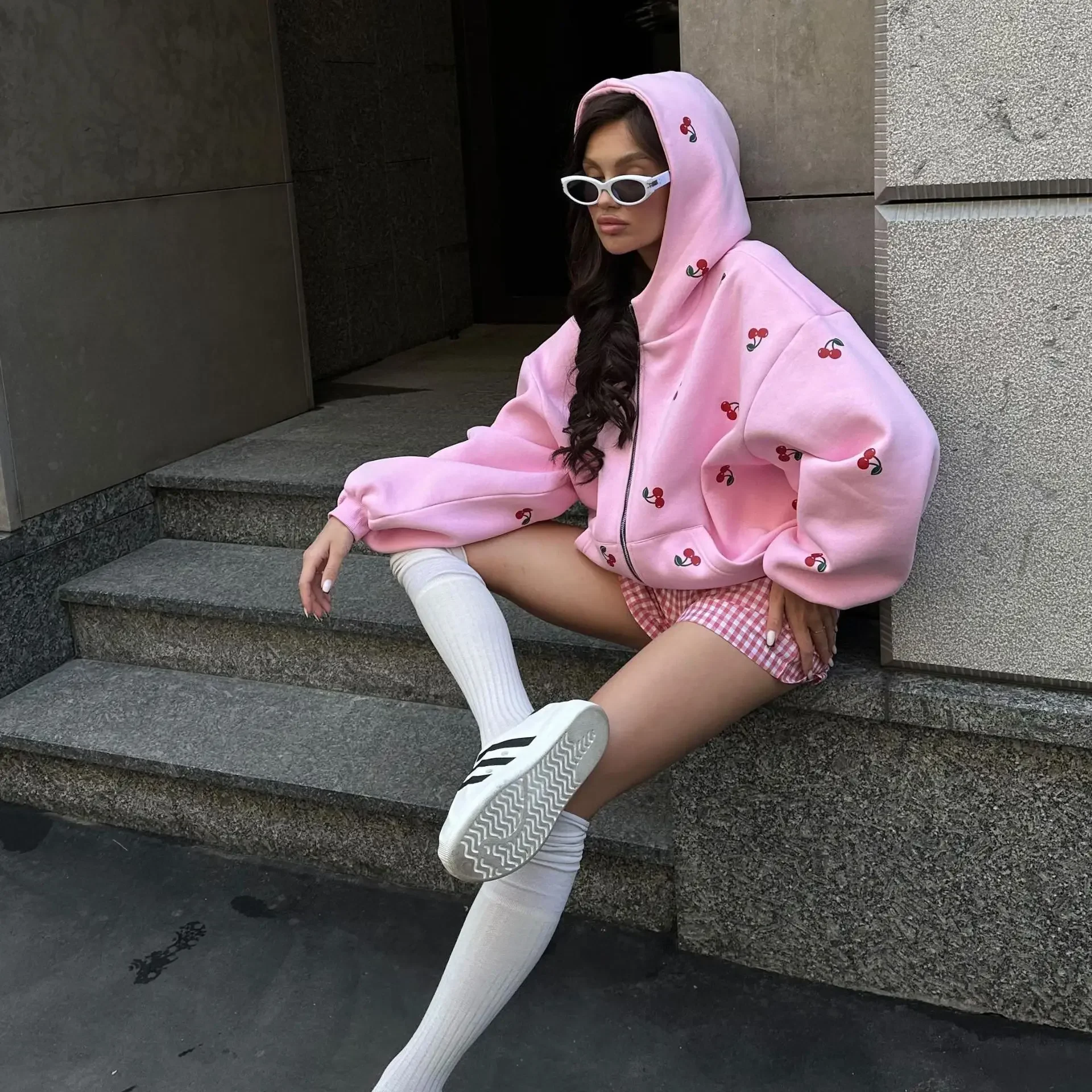 Cherry Printed Sweater Coat Autumn Female Street Fashion Fashion Brand Loose Joker Sports Hoodie