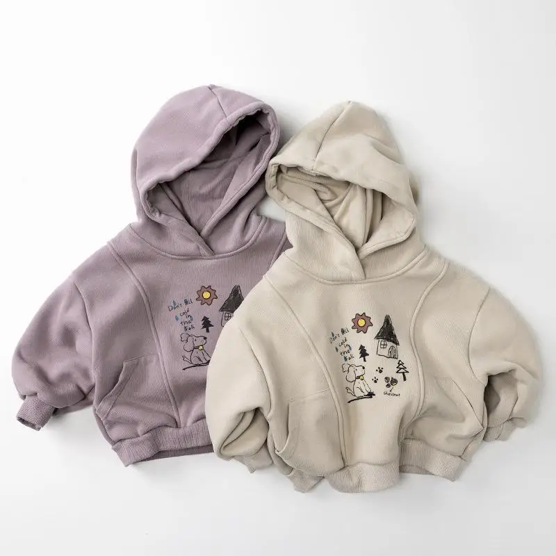 

2025 Winter New Children Fleece Hooded Sweatshirt Cartoon Print Boys Girls Warm Hoodie Plus Velvet Thick Kids Cotton Clothes