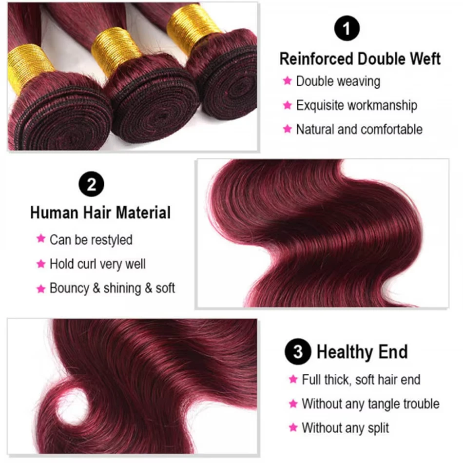 Extensions de Cheveux Humains Vierges pour Femme, Tissage en Lot Brésilien Remy, Bordeaux 99J, 3 Lots