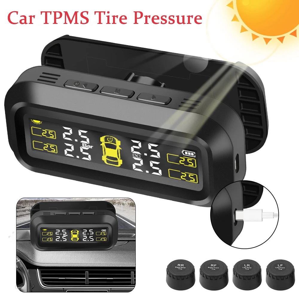Car Solar TPMS Tire Pressure Monitoring System Temperature Tire Alarm Monitor Warning Fuel Save With 4 External Sensors Tools