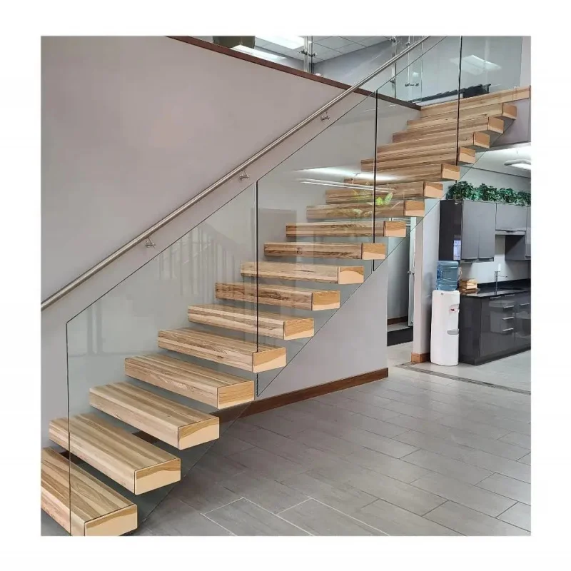 custom.Traditional Modern Design Floating Staircase with Glass Tread Indoor Home Decoration