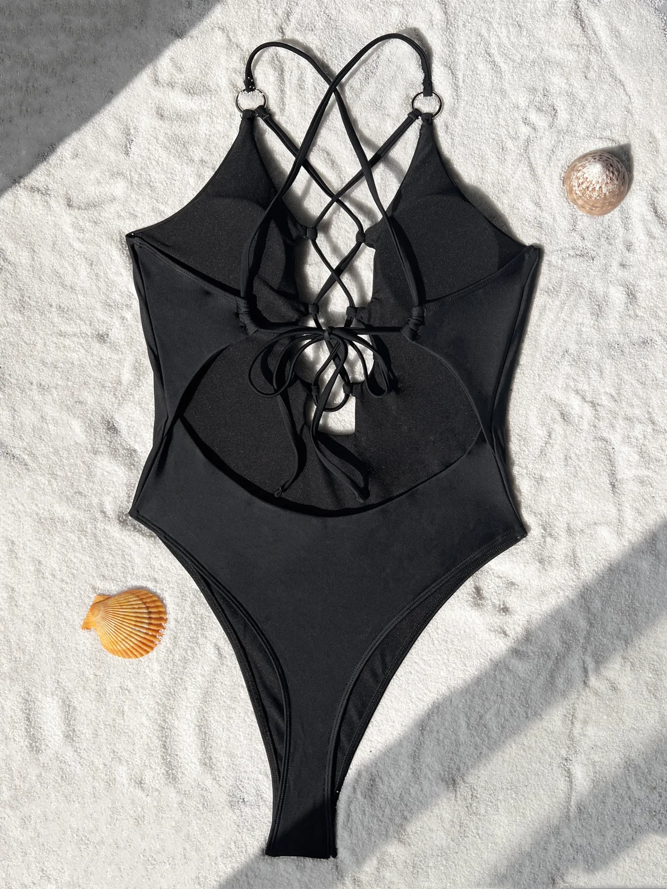 sexy solid cross back bandage tie swimsuit one piece bikini thong swimwear bodysuits women biquini bathing suits black color