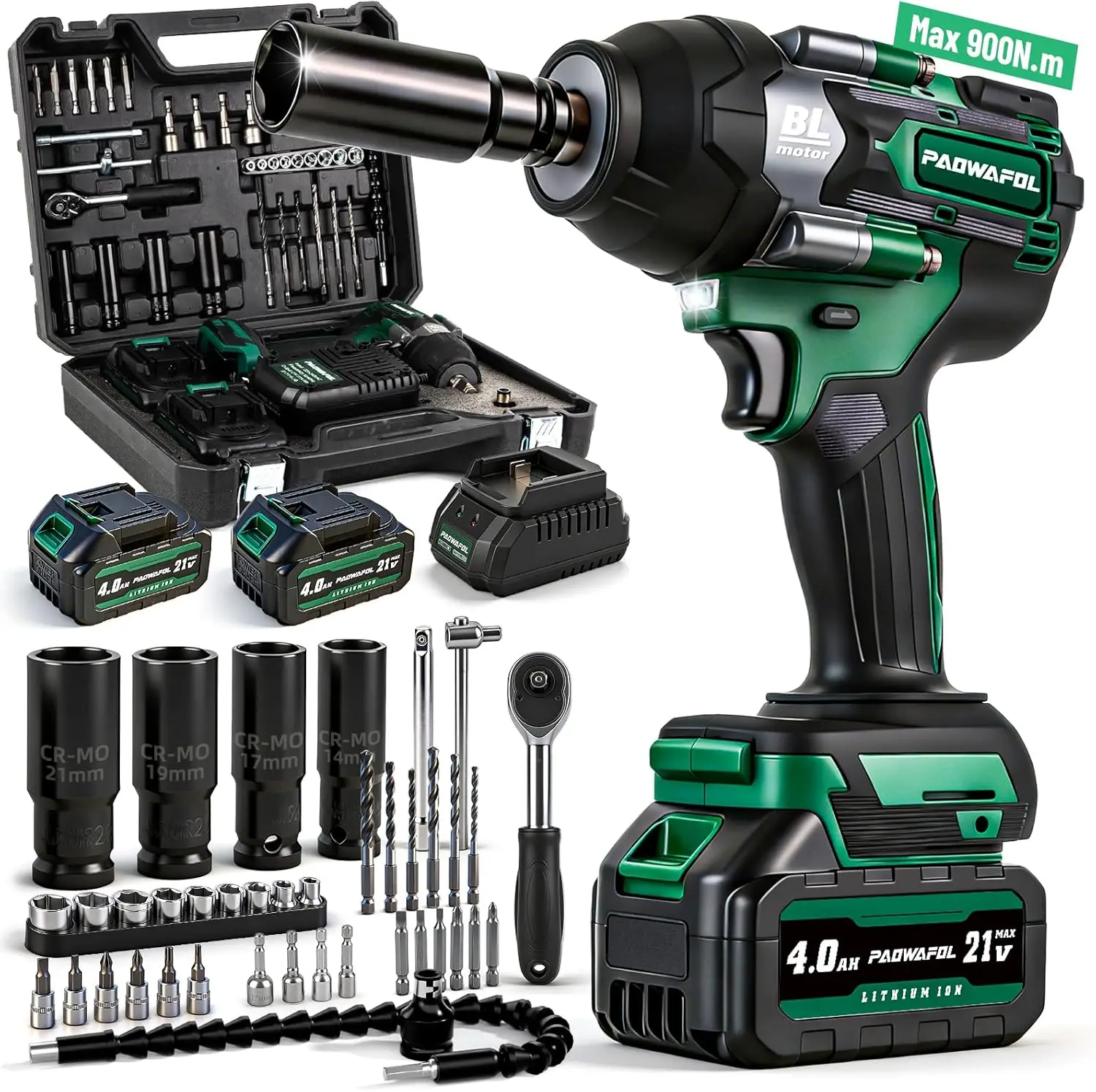 

900N.m Brushless Impact Wrench 1/2" 2x4.0Ah Battery, 22 Drill Bits & 4 Sockets, Cordless Ratchet Wrench Set for Car Tire Lug Nut