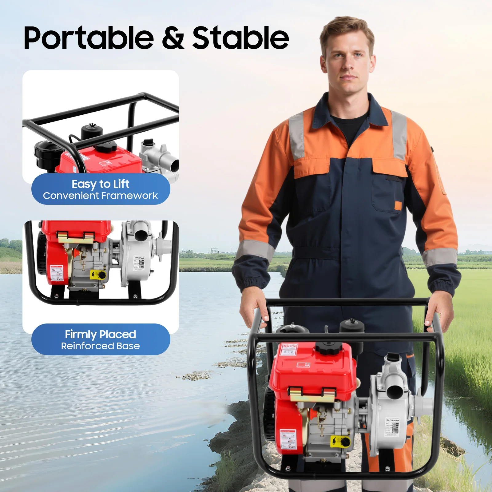 مضخة مياه محرك ديزل 7.5HP 210cc 110GPM ديزل - مضخة مياه مدفوعة مع أنابيب مياه 7.5 متر، لري المزرعة والمياه الميدانية