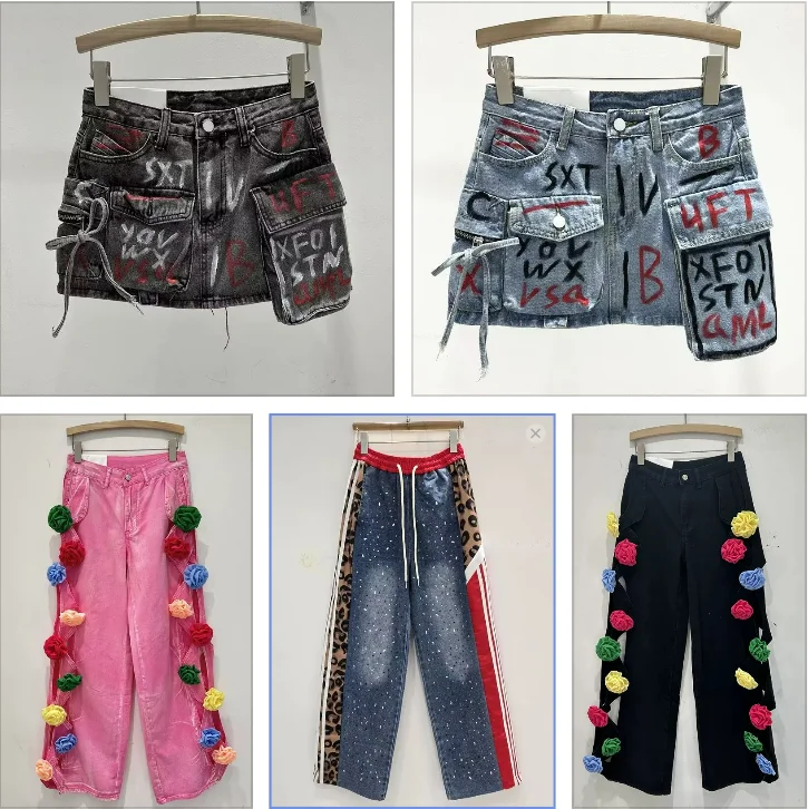 

Spain foreign trade new color contrast print micro stretch comfortable women's casual jeans