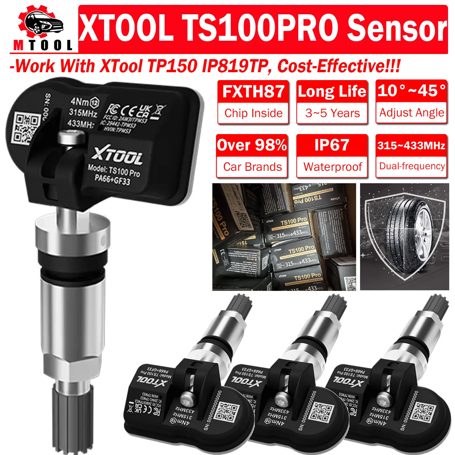 

XTOOL TS100 PRO Sensor Tools Tire Pressure Monitor Programmer Sensor TS100PRO 433 & 315MHZ TPMS Work with TP150 IP819TP
