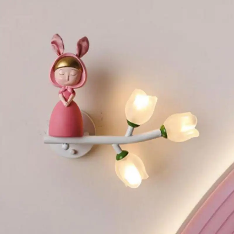 

Modern Bunny Girl LED Wall Lamp for Children's Kid Bedroom Lighting Cartoon Wall Sconces Cute Girl Lily Bedside Indoor Lighting