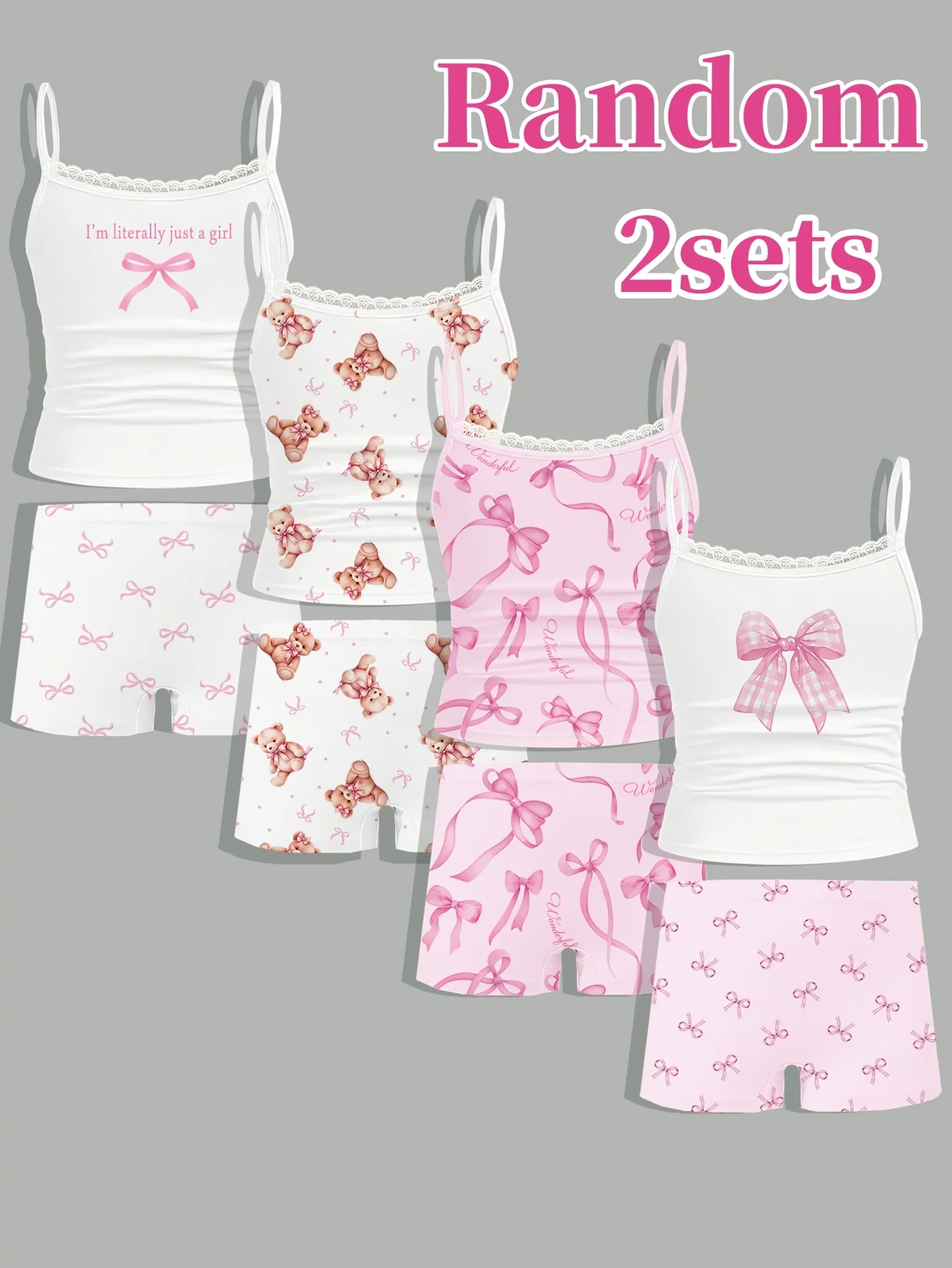 

Случайный комплект из 2 предметов для девочек, простой и стильный, милый и очаровательный комплект из 4 предметов: майка и шорты с принтом медведя.