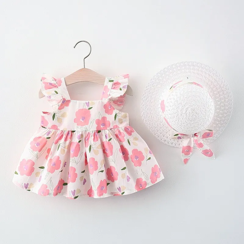 2 Stück Set Sommer Baby Mädchen Kleidung Mode süße Blumen ärmellose Baumwolle Kinder Kleider Prinzessin Kleid Neugeborene Kleidung BC1178-1