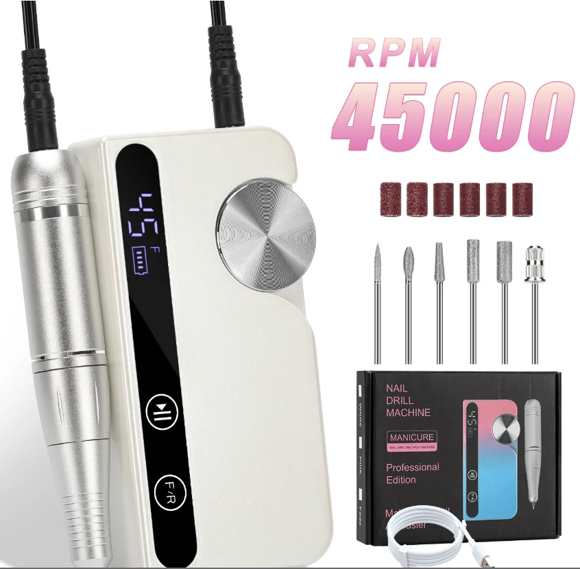 45000RPM Electric Nail Drill Machine Set USB Charging Low Voice Electric Nail Lathe with HD LCD Display