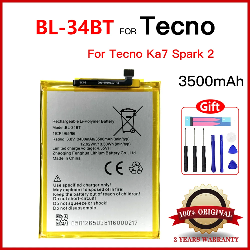 Genuine For Tecno Ka7 Spark 2 Mobile Phone BL-34BT Built-in Neutral Lithium Batteries+Tools
