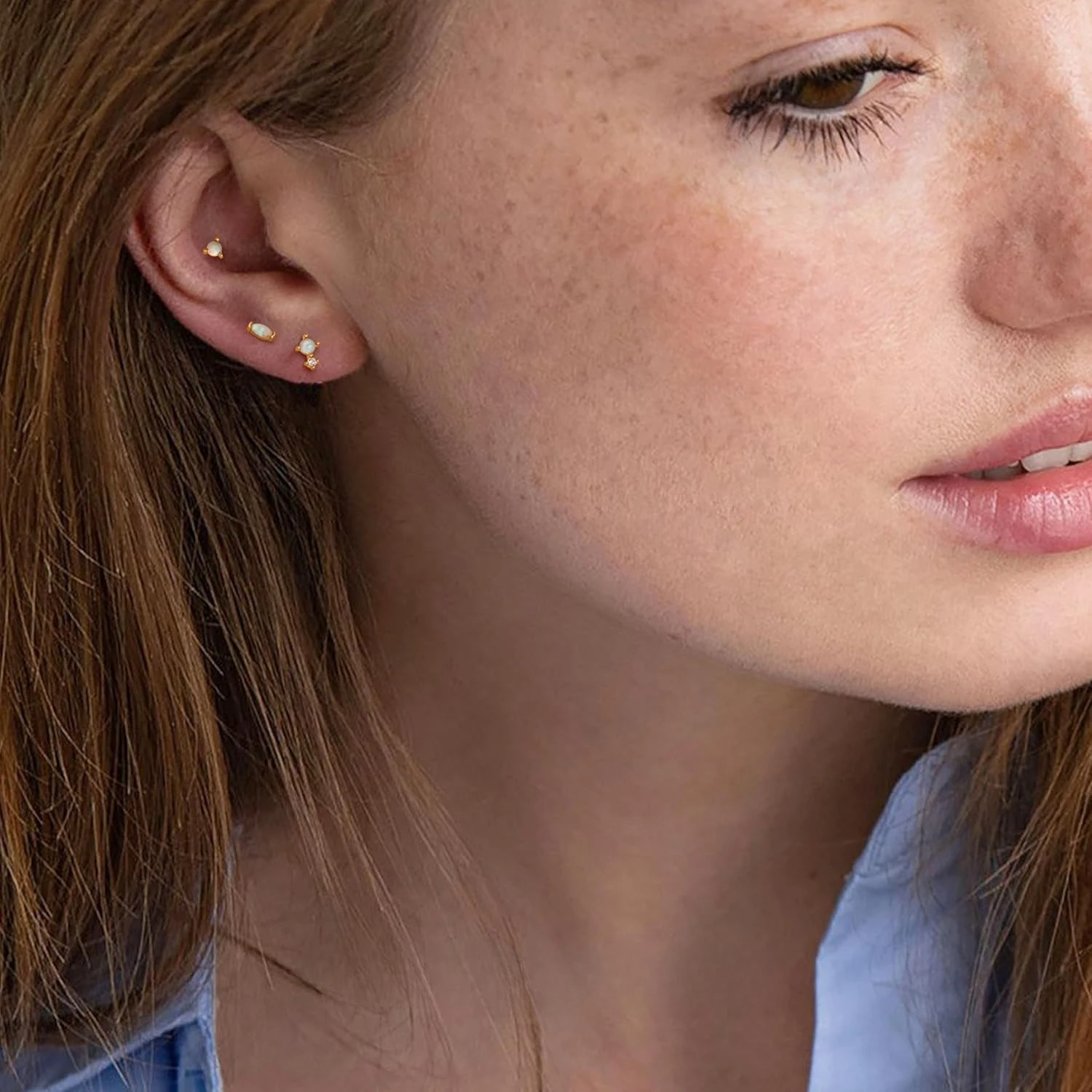 Florideco 3Pcs G23 Titanium Flat Back Earrings Studs 14K Gold Plated Opal Cartilage Helix Piercing Jewelry for Women Men 18G