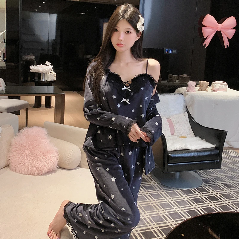 

Пижамные комплекты для пар, женские, из кашемира, с милым бантом, теплые, мягкие, нежные, толстые, с карманами на молнии, осенне-зимний комплект для сна, OL