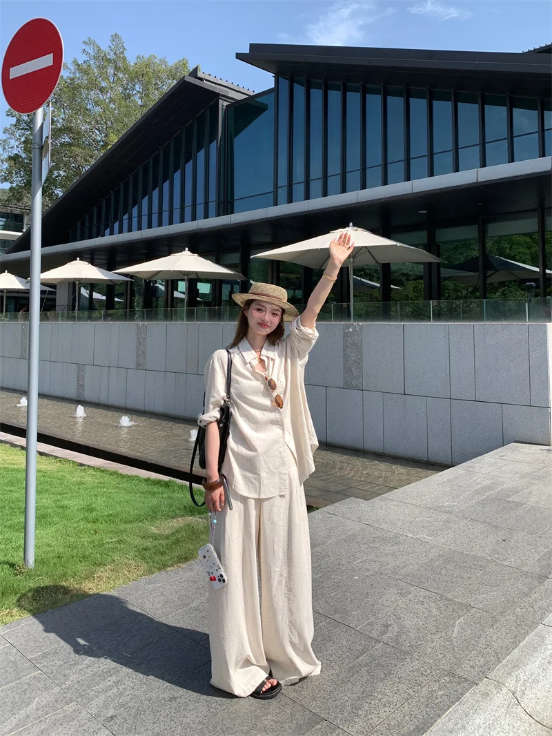 SuperAen 간단한 느슨한 패션 여성 옷깃 칼라 솔리드 컬러 셔츠 2025 여름 새로운 드레이프 캐주얼 바지 투피스 세트