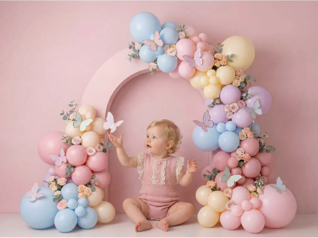 Spring Pink Butterfly Balloon Arch Backdrops Cake Smash Child Baby Photo Props Adult Kids Decors Photography Studio Backgrounds