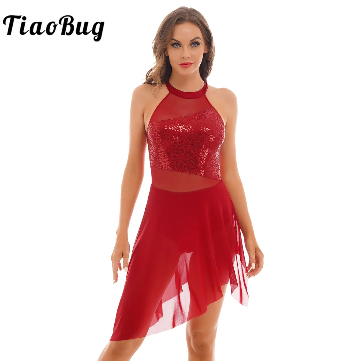 

Women Adult Sequin Lyrical Dress Gymnastics Ballet Dance Leotard Dress Halter Asymmetrical Chiffon Ballroom Performance Costume