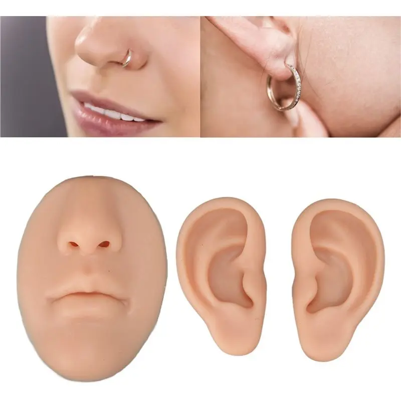 Flexible Silicone Human Body Models Kit, For Piercing Training- Flesh Color Nose Ear Mouth Puncture Practice Display Tool