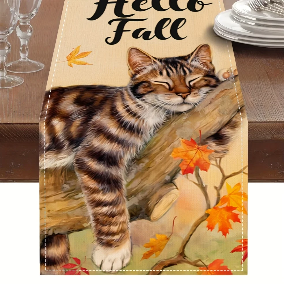 

1 Piece of Autum Table Flag - Sleeping Cat and Fallen Leaves Decoration, Suitable for Restaurants, Homes, Cafes, Handicraft Fairs, and Soft Furnishings.