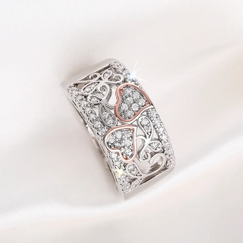 Huitan Unique Design Double Heart Two Tone Rings Women for Engagement Wedding Gorgeous Brilliant CZ Rings Luxury Trendy Jewelry