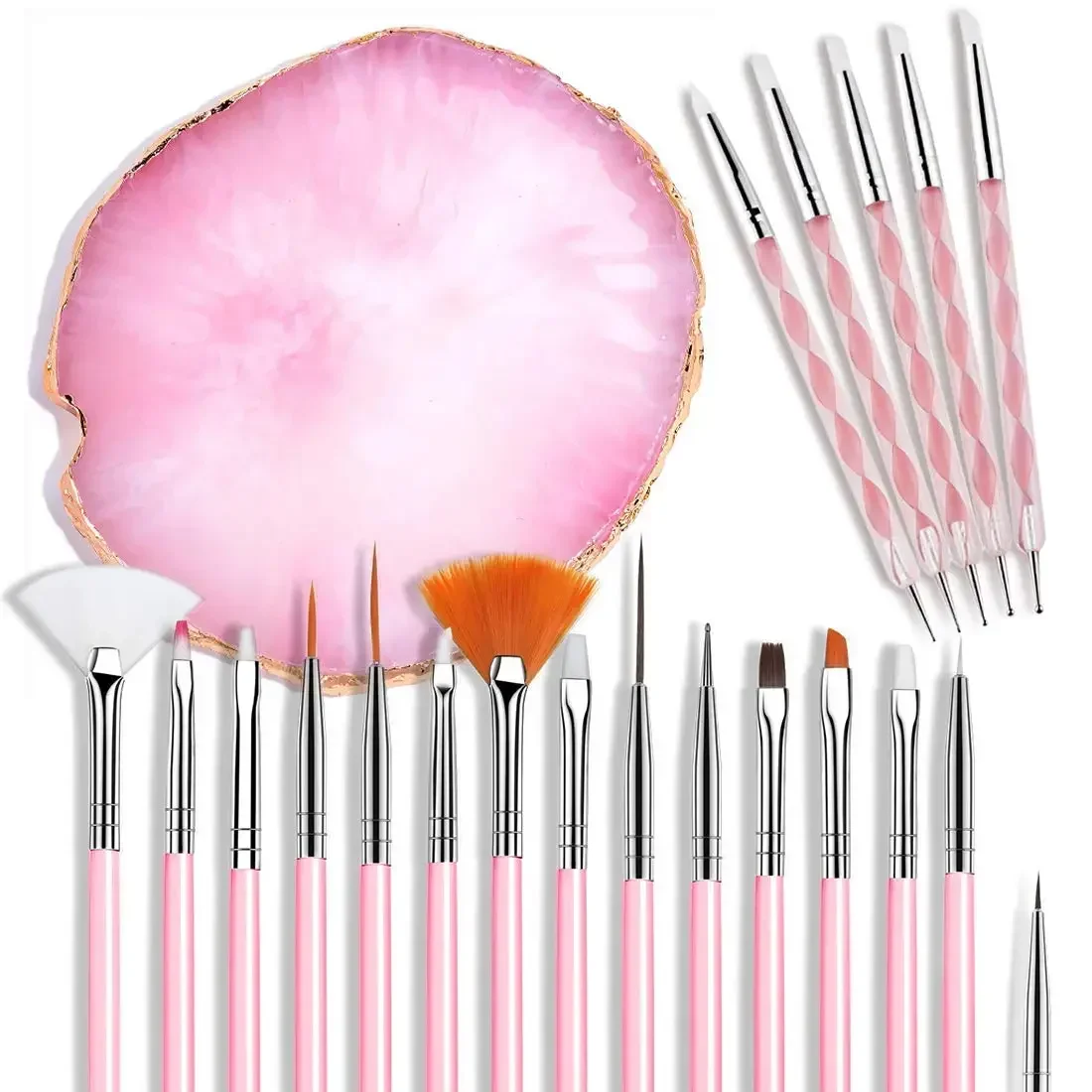 Ensemble d'outils de brosses pour nail art DIY, 15 pinceaux pour nail art/5 stylos à points à double tête/palette de couleurs pour ongles, adapté au design des ongles.
